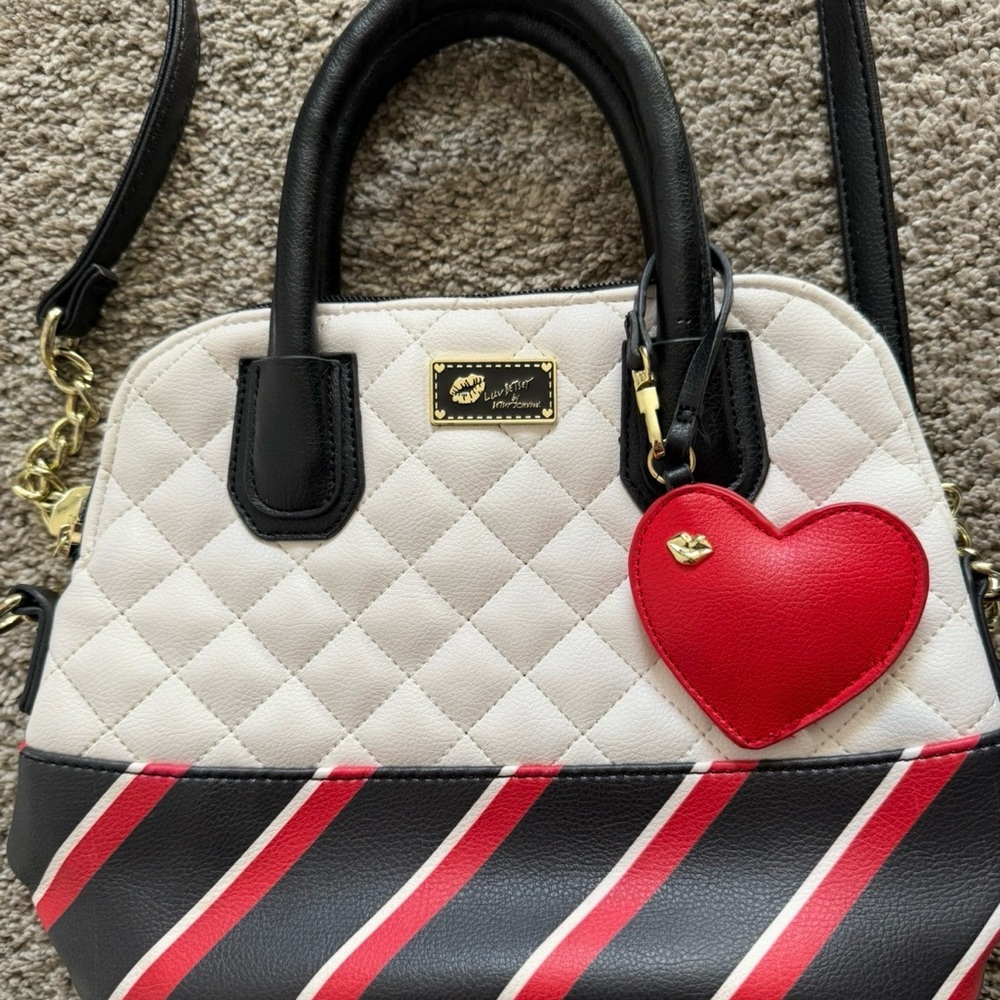 Betsy Johnson Black and Cream Quilted Crossbody with Red Heart Accent